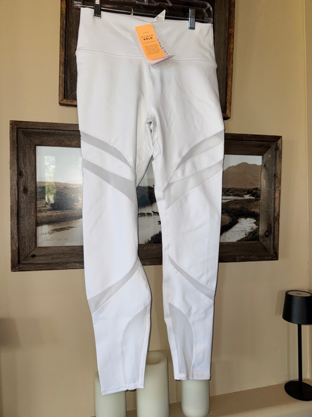 Fabletics White High-Waist Leggings with Mesh Panels